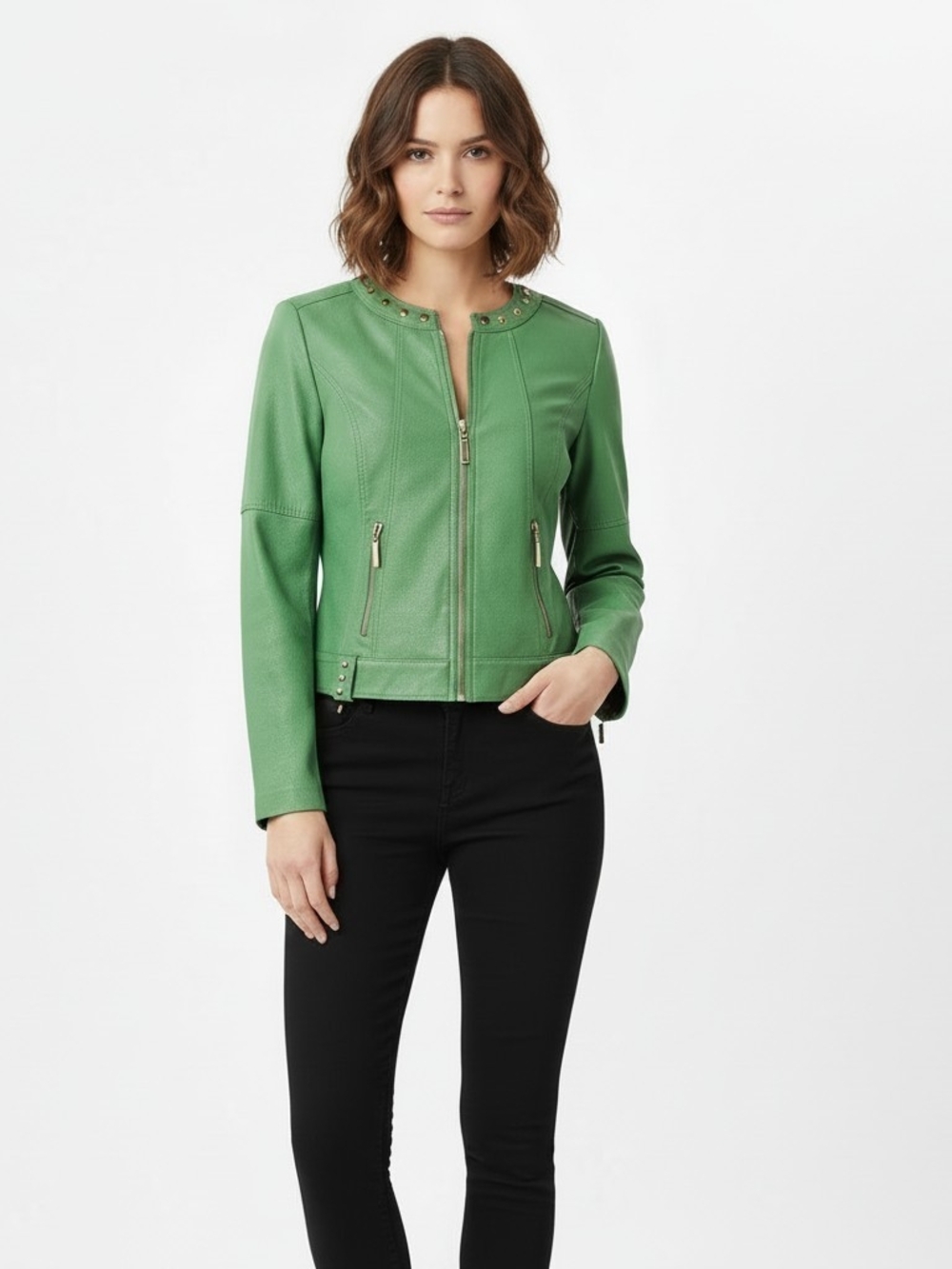 Joseph Ribkoff Green Faux Leather Gold Studded Zip Jacket
